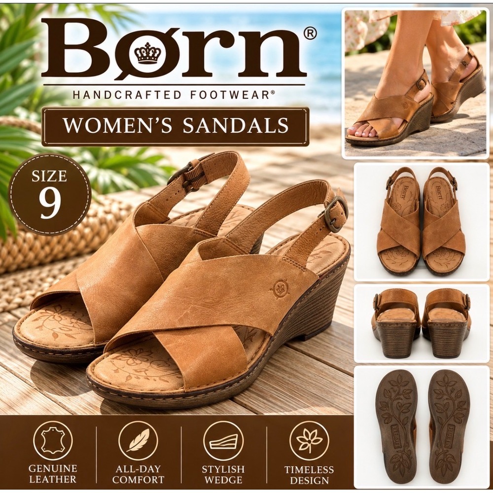 Born Tan Brown Leather Criss Cross Wedge Slingback Sandals Womens 9M